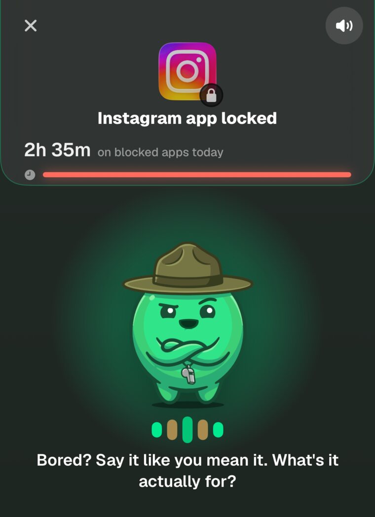 Takeback's Hardcore voice screen. Instagram app locked, 2h 35m on blocked apps today. Sarge says: Bored? Say it like you mean it. What's it actually for?
